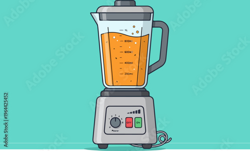 Blender with orange liquid inside.