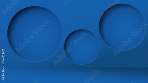 深いブルーのグラデーション空間に浮かぶ複数の円形ステージが奥行きを演出するシンプルでモダンな3Dディスプレイ背景