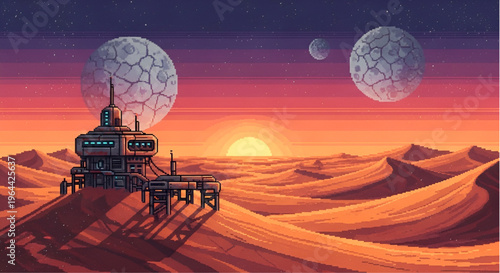 Sci-Fi Desert Planet Outpost with Sunset and Moons Pixel Art