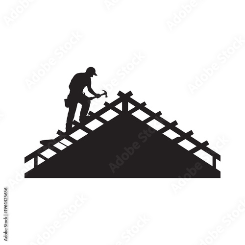 A silhouetted roofer working on a gable roof with a hammer