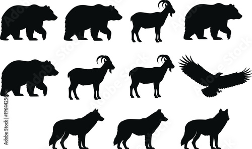 A comprehensive collection of wild animal silhouettes featuring grizzly bears, mountain goats with horns, soaring bald eagles, and howling timber wolves for wildlife nature design.