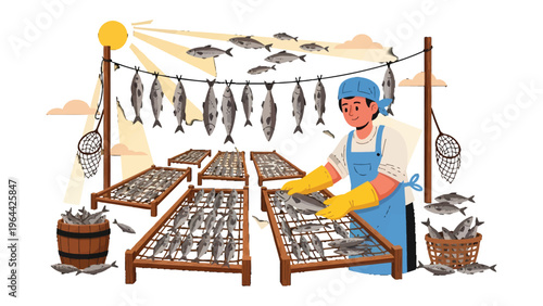 Dried Fish Production: An artisan carefully arranges fish on drying racks under the radiant sun, capturing a moment of traditional craftsmanship and sustainable food preservation.