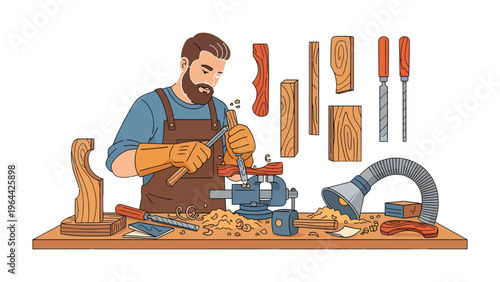 Craftsmanship Unveiled: A focused artisan, immersed in the art of wood carving, meticulously shapes a wooden form at his workbench.