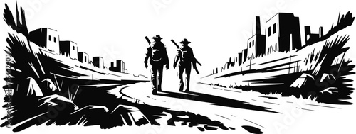 Two migrants walking along town road toward horizon