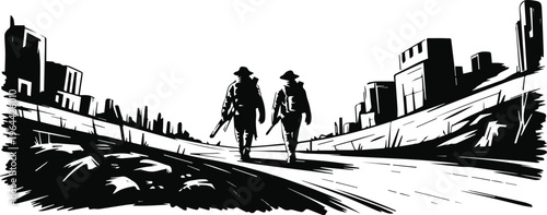 Two scouts walking along town road toward horizon