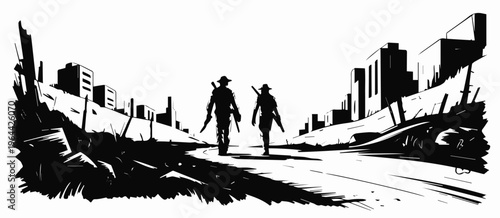 Two hikers crossing town road toward horizon