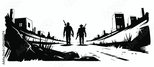 Two soldiers walking on a road toward horizon