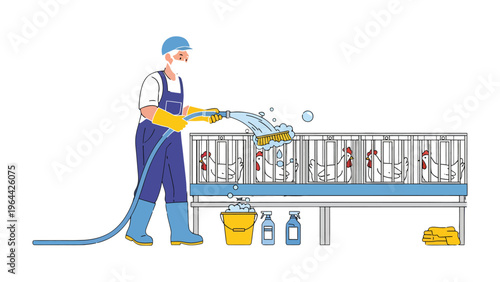 Farm Hygiene: A diligent worker wearing protective gear sanitizes a livestock pen with a high-pressure hose, ensuring a clean and healthy environment for the animals.