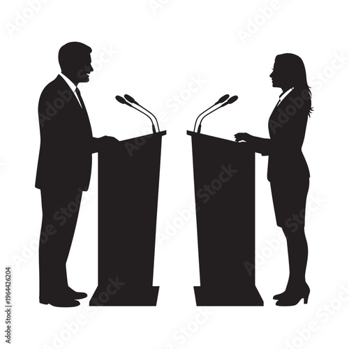 A silhouetted image depicting a formal debate between a man and a woman