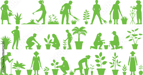 People using and maintaining garden tools in silhouette