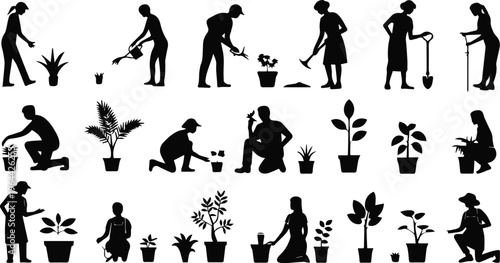 Community garden volunteers planting and tending silhouettes