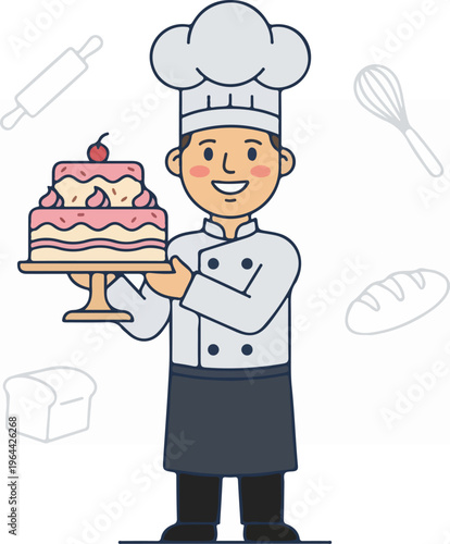 Cartoon chef holding cake.