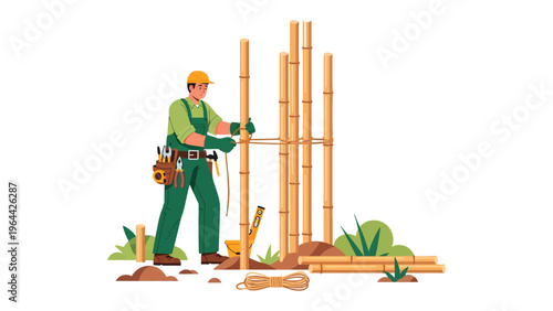 Craftsman with Timber Frame: A skilled craftsman expertly works with timber to construct a wooden structure