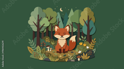 Cartoon Fox in Forest Scene.