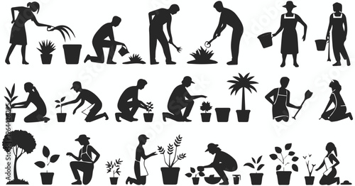 People performing gardening tasks in silhouette