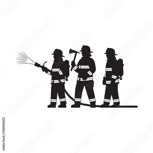 Silhouette of three firefighters standing together equipped for emergency response