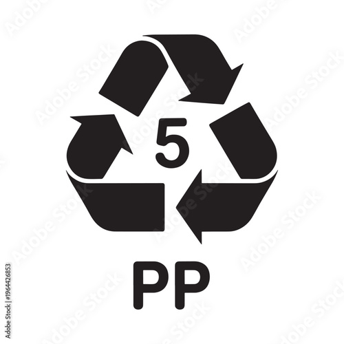 Black recycling symbol with number five and polypropylene identification code