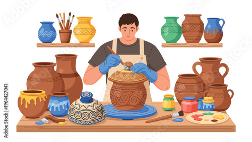 Crafting Pottery: A skilled artisan meticulously works on a pottery piece, surrounded by a vibrant display of finished ceramics and essential tools of his craft.