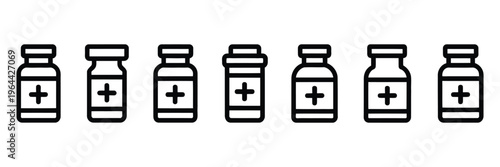 Medicine bottle line icon, black and white vector illustration, minimal symbol for drugs pharmaceuticals healthcare and medical concepts.