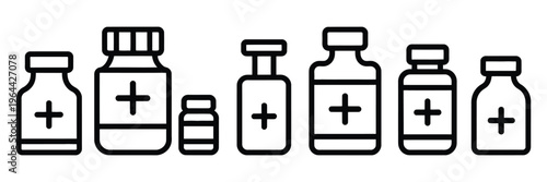 Medicine bottle line icon, black and white vector illustration, minimal symbol for drugs pharmaceuticals healthcare and medical concepts.