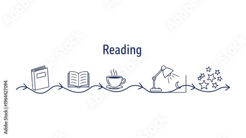 Reading Essentials: Illustration of a book, a cup of tea, and a lamp, depicting a cozy scene for a reader, perfect for literary theme.