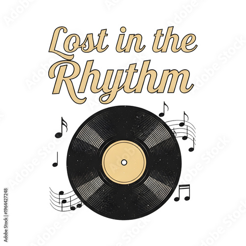 Retro vinyl record with 'Lost in the Rhythm' text and musical notes, isolated on transparent background