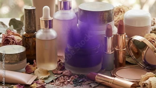 Purple powder explosion forming abstract vibrant pattern concept. Natural skincare and makeup products with dried flowers and powder for beauty and self care routine