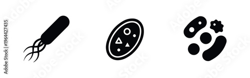 Set of three black and white icons representing bacteria, germs, and viruses for medical and scientific research concepts.
