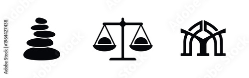 Set of three black minimalist icons representing balance, justice, and harmony, including stacked zen stones, scales of justice, and a geometric logo.