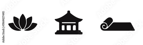 Minimalist black silhouette icons of a lotus flower, an oriental pagoda, and a yoga mat on a white background, symbolizing zen and wellness.