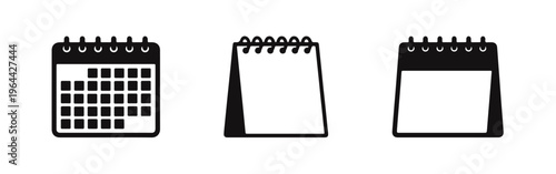 Set of three minimalist black calendar icons, including monthly grid and desk flip styles, perfect for schedule planning and organization.