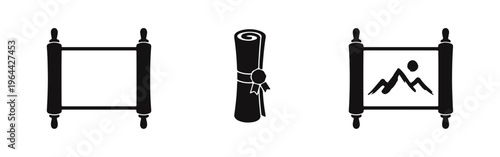 Set of black flat icons featuring an unrolled blank scroll, a rolled document with a wax seal, and a scroll with a mountain landscape painting.