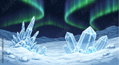 Pixel art landscape of magical aurora borealis over a snowy field with giant ice crystals under a starry night sky