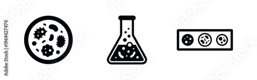 Set of black and white microbiology icons featuring a Petri dish, a laboratory flask with bacteria, and a specimen slide for scientific research.