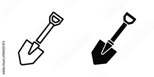 Two contrasting shovels with different handle and blade styles depicted in black and white