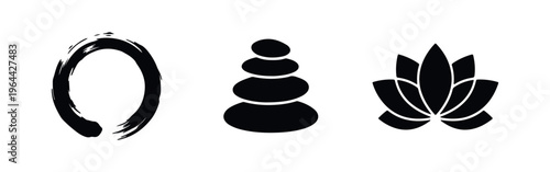 Minimalist black zen icons featuring a brushstroke enso circle, stacked balanced stones, and a lotus flower for wellness and meditation.