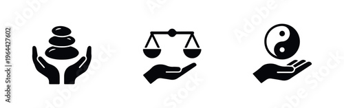 Set of minimalist black icons representing balance and harmony, featuring hands holding zen stones, scales of justice, and a yin yang symbol.