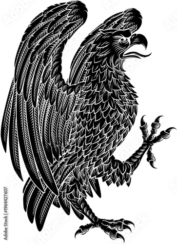 Eagle hawk or falcon heraldry coat of arms or family crest medieval shield style heraldic animal. In a vintage woodcut style.
