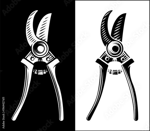 Vintage woodcut style illustration of gardening hedge trimmer secateurs shears garden hand tool