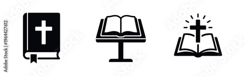 Set of three black and white holy bible icons featuring a closed book with cross, an open bible on a pulpit, and an open bible with a glowing cross.