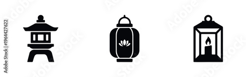 Set of three black lantern silhouettes including a Japanese stone lantern, an Asian lotus lantern, and a classic candle lantern icon.
