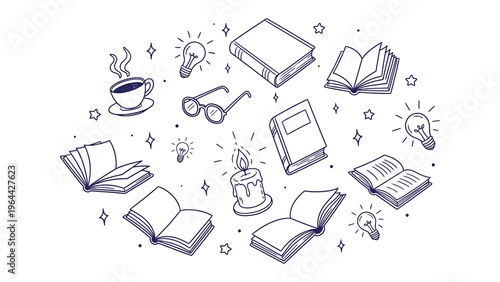 Literary Inspiration: A whimsical artistic illustration of various books, a cup of coffee, a pair of glasses, a lit candle, and glowing light bulbs, creating a harmonious and creative atmosphere.