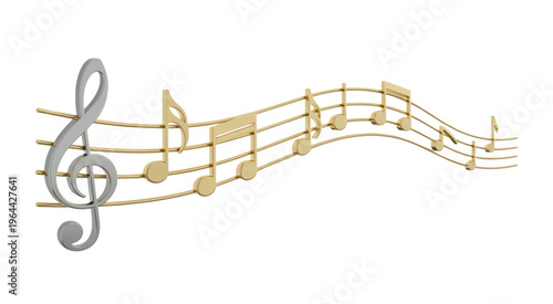 Gold and silver music notes treble clef isolated on a transparent background