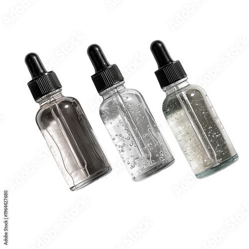 Trio of skincare toner bottles arranged symmetrically isolated on transparent background