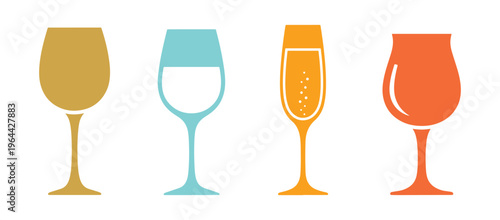 Create icons that include wine glasses. A variety of colors representing various types of wine glasses. Vector illustration.