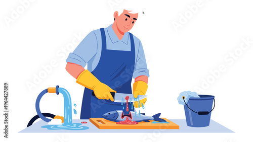 Preparing Fish: A professional expertly cleans and cuts a fresh fish with precision, employing a sharp knife and water for a hygienic process.