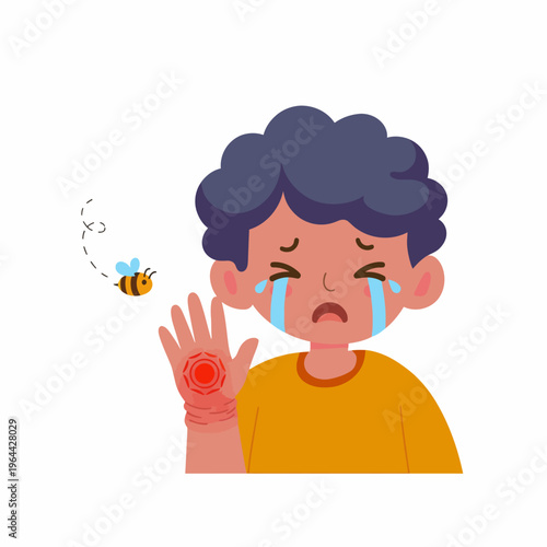 Sick Boy Crying with Bee Sting on His Hand Cartoon