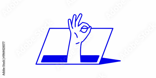 A hand making the ok gesture emerging from a laptop screen
