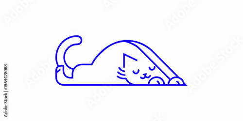 Simple blue line drawing of a relaxed cat stretching and lying down