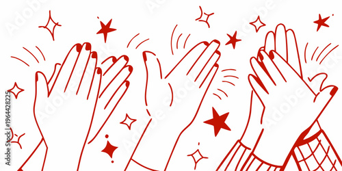Red illustration of multiple hands clapping with shining star accents